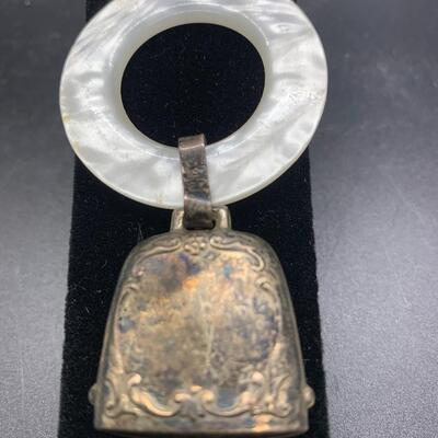 Sterling Silver Bell Shaped Baby Rattle Mother of Pearl Teething Ring - 3â€ long x 2â€ wide approx