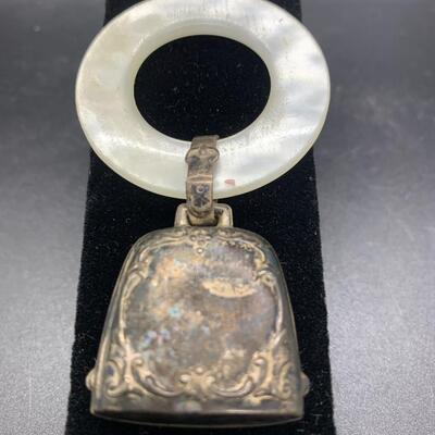 Sterling Silver Bell Shaped Baby Rattle Mother of Pearl Teething Ring - 3â€ long x 2â€ wide approx