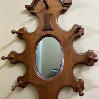 Vintage Unique Wood Hall Tree with Mirror