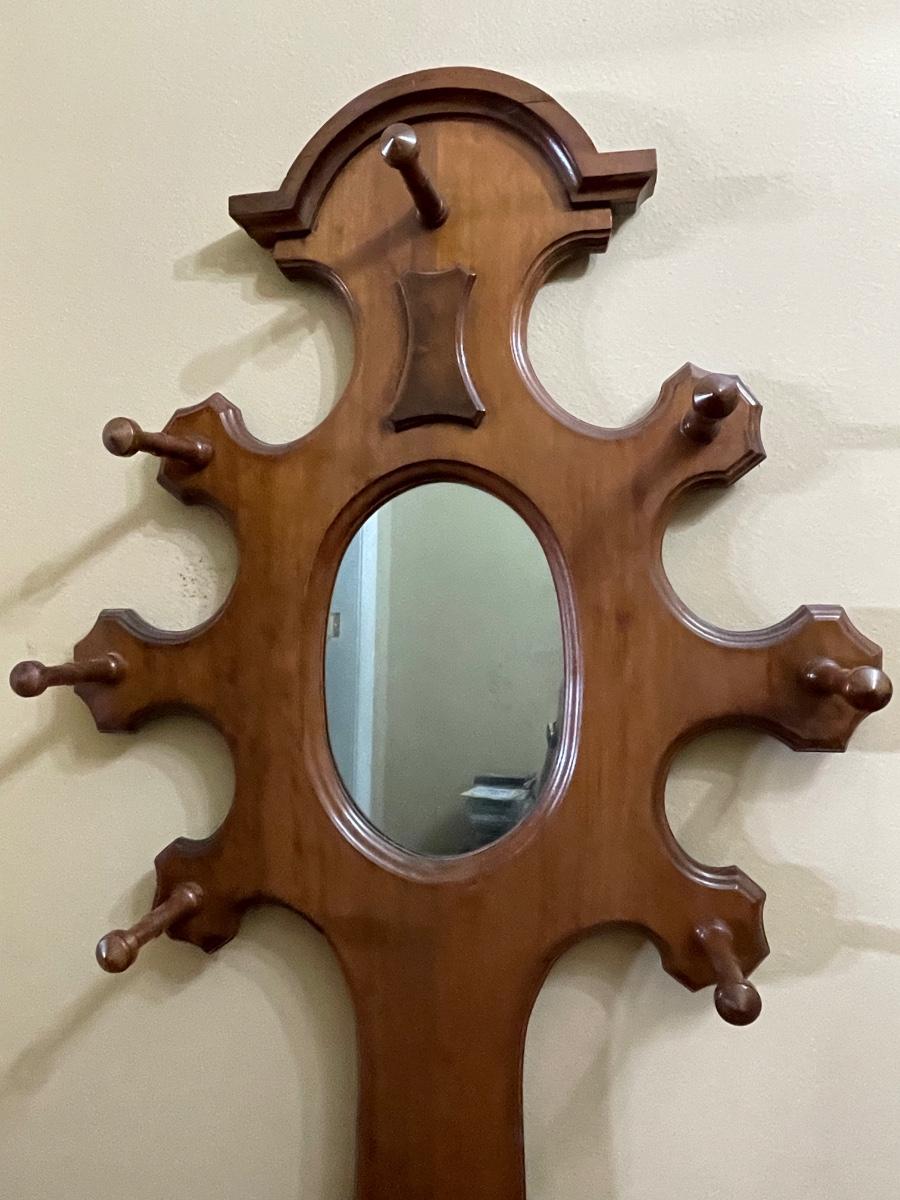 Vintage Unique Wood Hall Tree with Mirror
