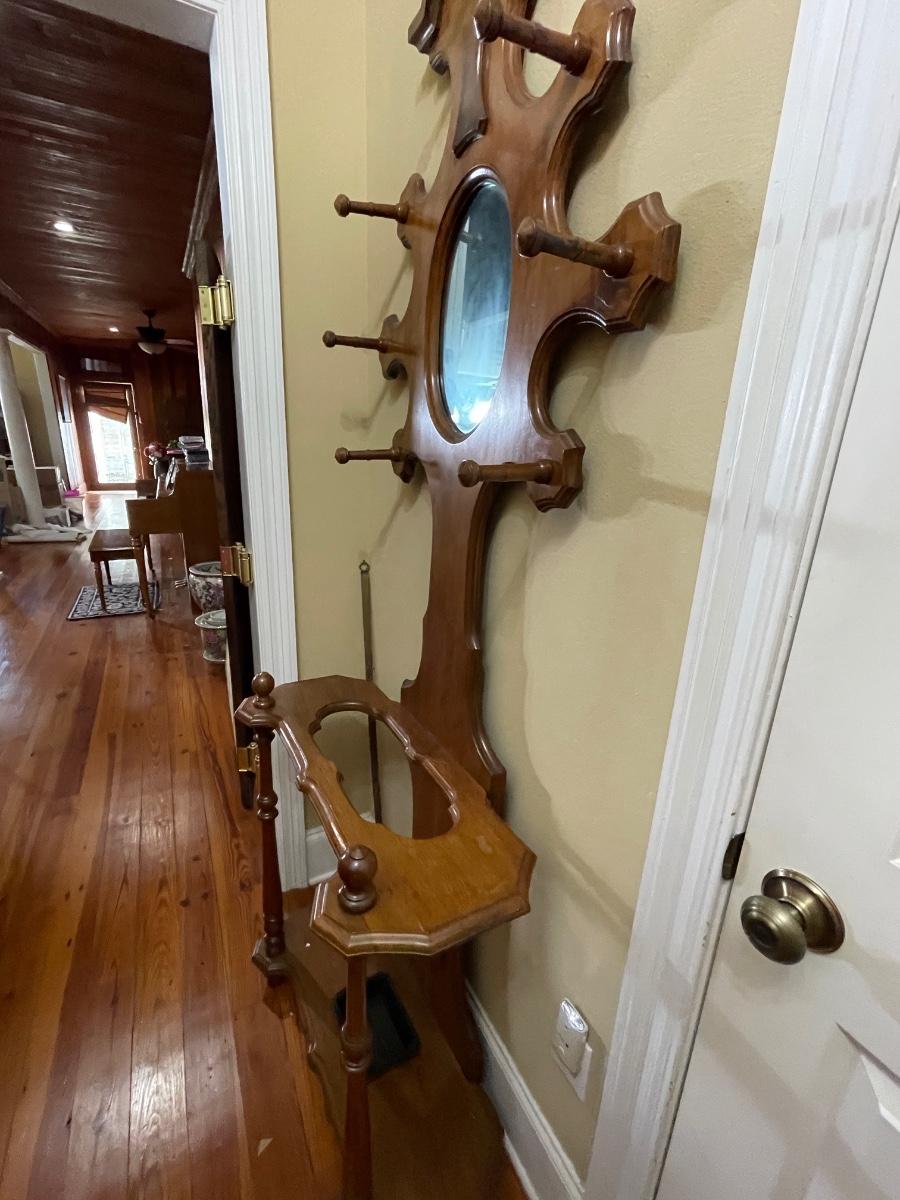 Vintage Unique Wood Hall Tree with Mirror