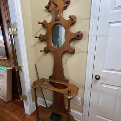 Vintage Unique Wood Hall Tree with Mirror
