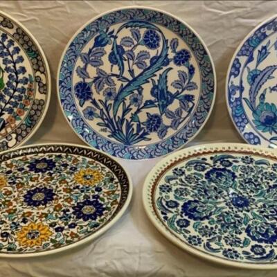 5 Turkish Plates - 3 ALTIN GINI Handmade Turkish Ceramic Chargers & 2 Wall plates 11â€ & 12â€ approx