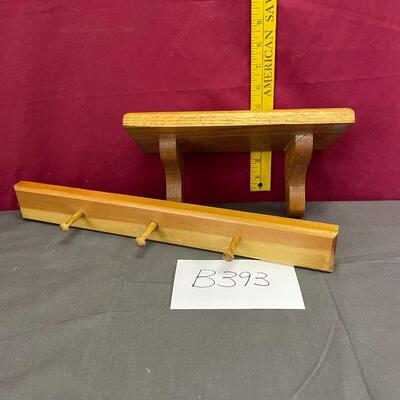 Small wooden shelf and 3 peg coat rack