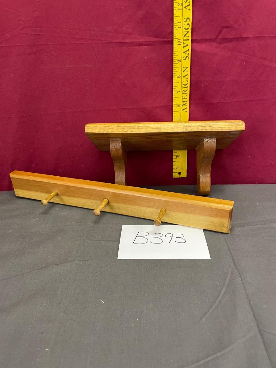 Small wooden shelf and 3 peg coat rack