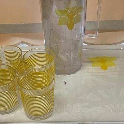 Vintage Plastic Pitcher and Tray with Four Glasses