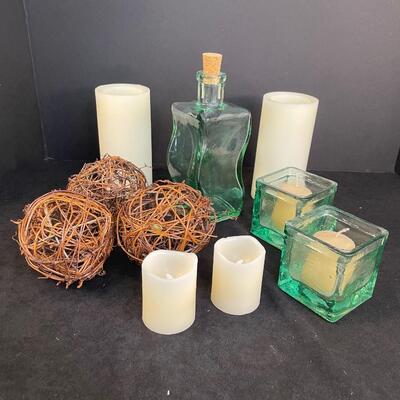 Lot 13. Flameless Candles and Green Glass