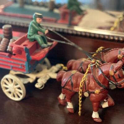 Vintage Cast Iron Wagon and Horses w/Wine Barrels