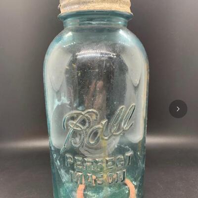 Antique BALL Jar - Tall Blue Glass Perfect Mason 4.5â€ wide x 9.5â€ high approx