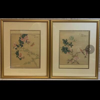 Pair Framed Asian Art - Bird, Flowers ðŸŒ¸ Leaves ðŸƒ & Asian Garden ðŸª´ Art 18â€ wide x 22.5â€ high