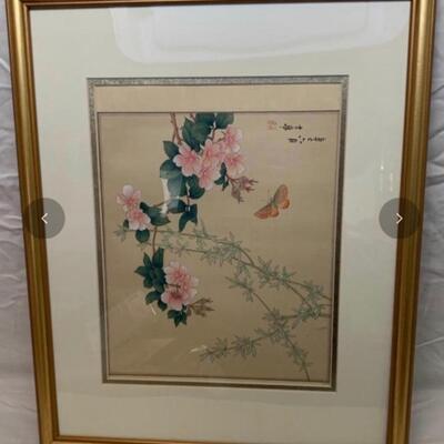 Pair Framed Asian Art - Bird, Flowers ðŸŒ¸ Leaves ðŸƒ & Asian Garden ðŸª´ Art 18â€ wide x 22.5â€ high