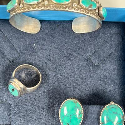 Vintage Sterling Turquoise Native American hallmark bracelet, ring and clip on cabachon earrings