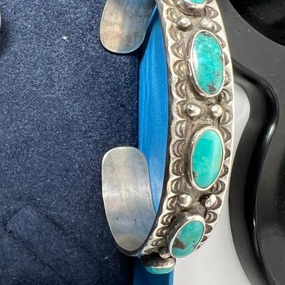 Vintage Sterling Turquoise Native American hallmark bracelet, ring and clip on cabachon earrings