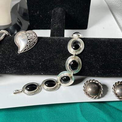Sterling  Native Artisans Hallmarked  JewelryBlack onyx link bracelet, leather and SS cuff, SS heart  pin, and SS. clip ons