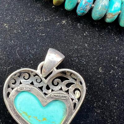 5 Real torquoise  and Coral heishe necklaces with SS clasps 3 pr  Sterling clip on earrings 1 Turquoise heart pendant