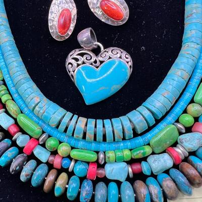 5 Real torquoise  and Coral heishe necklaces with SS clasps 3 pr  Sterling clip on earrings 1 Turquoise heart pendant