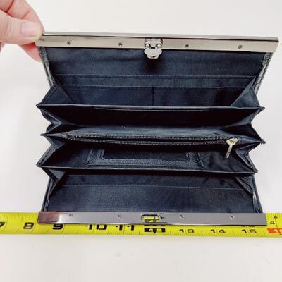 BLACK FAUX REPTILE PRINT CLASP WALLET
