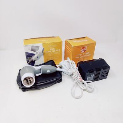 BROOKSTONE TRAVEL HAIR DRYER AND STEP DOWN TRANSFORMER BUNDLE