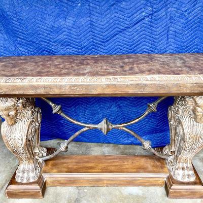 LOT 50  FAUX STONE WOOD & IRON CONSOLE TABLE LIONSHEADS