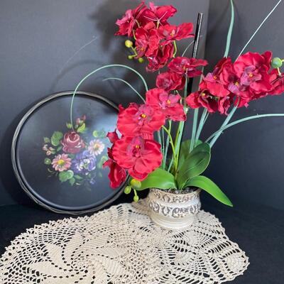 Lot 26 Artificial Potted Orchid, floral tray and doilies