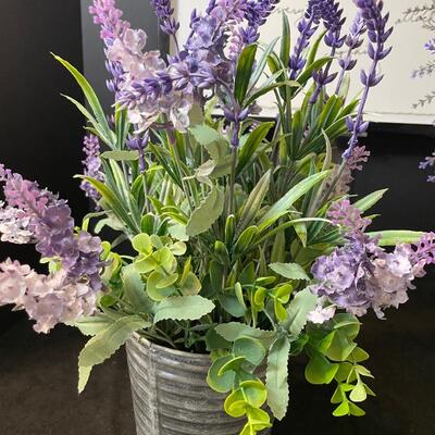 Lot 40 Artificial Lavender flowers with framed sign