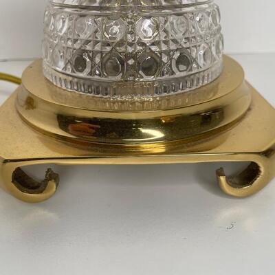 Brass and cut glass cut lamp 28 in tall with shade & pineapple finial