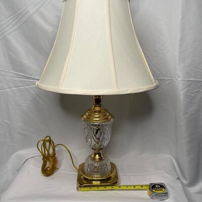 Brass and cut glass cut lamp 28 in tall with shade & pineapple finial