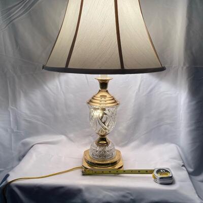 Brass and cut glass cut lamp 28 in tall with shade & pineapple finial