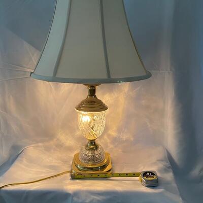 Brass and cut glass cut lamp 28 in tall with shade & pineapple finial