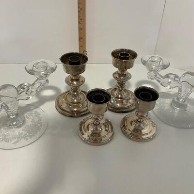 2 crystal candle holders and 4 silver plated candle holders