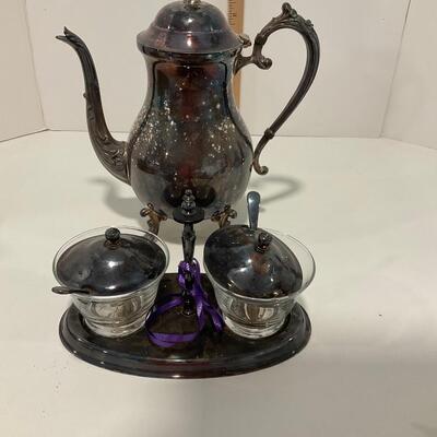 Silver plate tea pot and condiment set