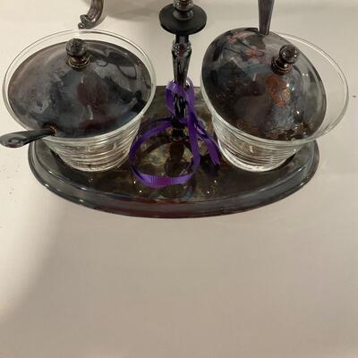 Silver plate tea pot and condiment set
