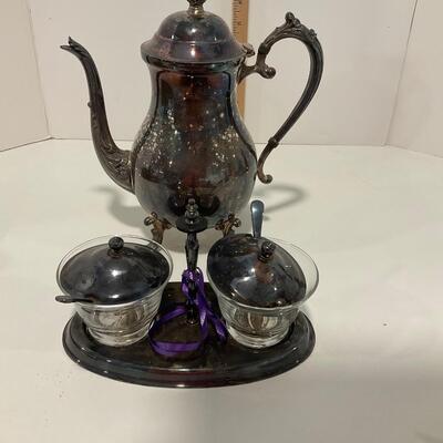 Silver plate tea pot and condiment set