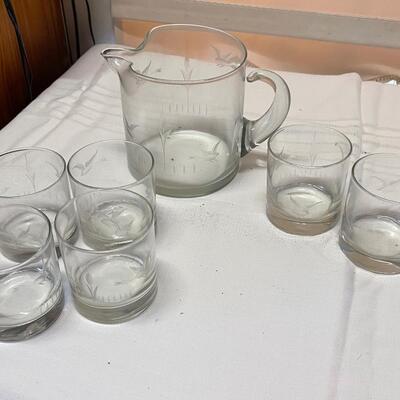 Vintage Etched Short Pitcher and Six Glasses