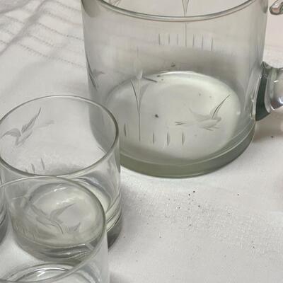 Vintage Etched Short Pitcher and Six Glasses