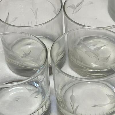 Vintage Etched Short Pitcher and Six Glasses