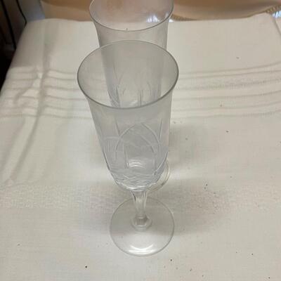 Two Vintage Etched Champagne Flutes