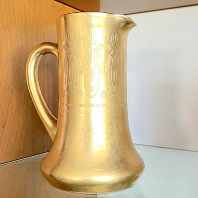 LOT 67  ANTIQUE GOLD PAINTED PITCHER JUL H BRAUER ETCHED DESIGN