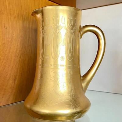 LOT 67  ANTIQUE GOLD PAINTED PITCHER JUL H BRAUER ETCHED DESIGN