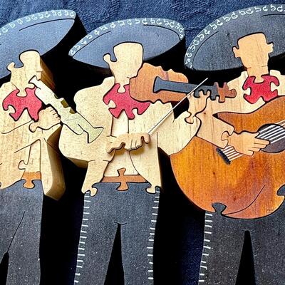 LOT 70  3 DIMENSIONAL  2 SIDED WOODEN FIGURAL PUZZLE 3 MARIACHIS