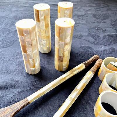 LOT 72  MOTHER OF PEARL TABLE SERVICE SALT & PEPPER SALAD SET NAPKIN RINGS BALI