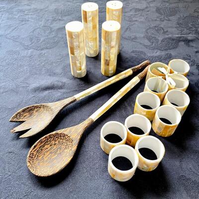 LOT 72  MOTHER OF PEARL TABLE SERVICE SALT & PEPPER SALAD SET NAPKIN RINGS BALI