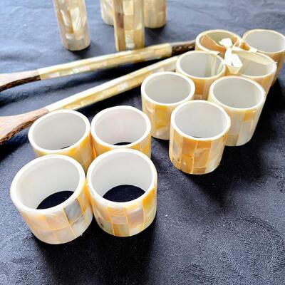 LOT 72  MOTHER OF PEARL TABLE SERVICE SALT & PEPPER SALAD SET NAPKIN RINGS BALI