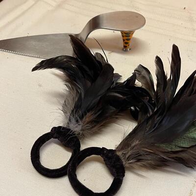 Fancy Dress Shoe Cake Server and Two Feathered Napkin Rings
