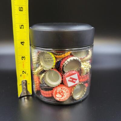 FUN BEER BOTTLE CAPS COLLECTION IN JAR