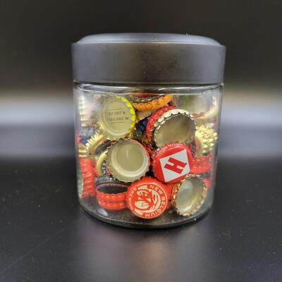 FUN BEER BOTTLE CAPS COLLECTION IN JAR