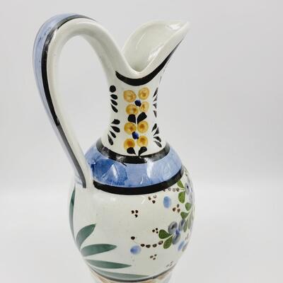 BEAUTIFUL TALL FLORAL HAND PAINTED POTTERY PITCHER-TONALA, MEXICO