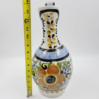 BEAUTIFUL TALL FLORAL HAND PAINTED POTTERY PITCHER-TONALA, MEXICO