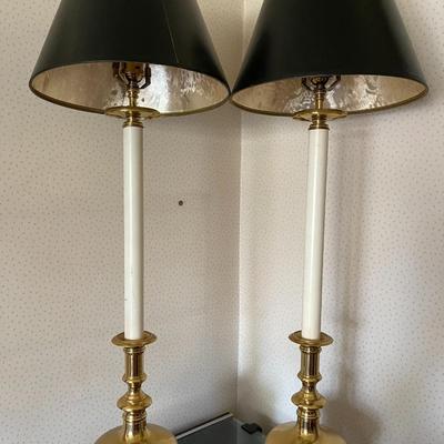 LOT 81   PARI OF TALL BRASS CANDLESTICK LAMPS W/BLACK SHADES