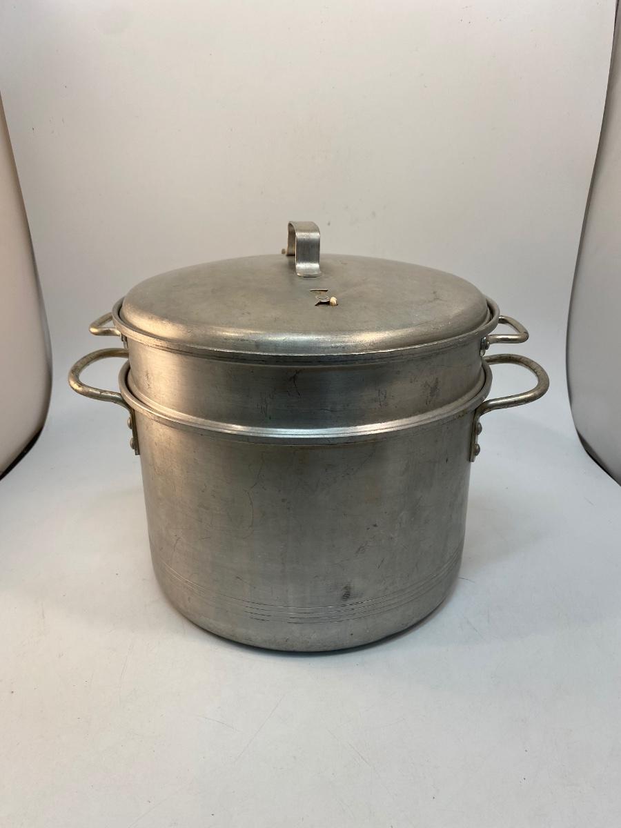 Large Vintage Aluminum Stock Pot with Strainer Insert & Steamer Basket